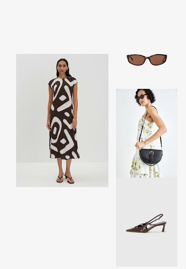 Braunes Midi-Kleid mit weißem abstraktem Muster, kurzen Ärmeln, runder Halslinie und geschwungener Saumlinie. Das Modell kombiniert es mit braunen Riemchensandalen.; Braune Lacklederslingback mit spitzem Schuhspitzen, verstellbaren Riemen und dekorativen Schnallen an der Vorderseite. 3 Zoll Absatzhöhe.; Schildkrötensonnenbrille mit braunen Gläsern, schlanker ovaler Form und glänzender Oberfläche. Verfügt über dezente silberne Akzente an den Rahmen.; Schwarze Lederhandtasche mit geschwungener Form, abnehmbarem Tragegurt und goldenen Beschlägen. Die Tasche verfügt über einen Deckel mit einer Schnallen-Details.