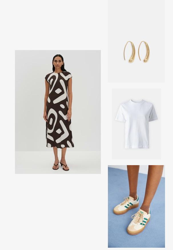Abito midi marrone con motivo astratto bianco, maniche corte, scollatura rotonda e orlo curvo. Modello abbinato a sandali marroni con cinturini.; T-shirt bianco in cotone con scollo rotondo, maniche corte, taglio dritto e texture liscia. Nessun motivo o decorazione.; Sneaker beige con strisce verde scuro, suola in gomma, parte superiore in suede e tessuto, e accessori neutri, abbinate a calzini marroni su una superficie azzurro chiaro.; Orecchini a cerchio in metallo color oro con forma curva ed allungata. Presentano una superficie liscia e lucida e una punta arrotondata per un tocco di dettaglio in più.