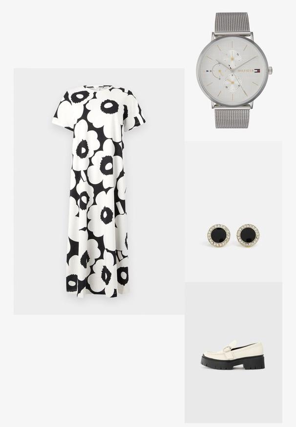 Czarna i biała sukienka w kwiatowy wzór z krótkimi rękawami, okrągłym dekoltem i zwiewnym fasonem. Wykonana z lekkiej tkaniny.; Białe skórzane mokasyny z grubą czarną platformą, z prostokątną srebrną klamrą i widocznym przeszyciem na cholewce.; Srebrny zegarek z textured białą tarczą, trzema subtarczami i złotymi akcentami. Posiada metalowy pasek w siatkę oraz minimalistyczny design.; DKNY - Kolczyki