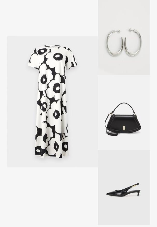 Czarna i biała sukienka w kwiatowy wzór z krótkimi rękawami, okrągłym dekoltem i zwiewnym fasonem. Wykonana z lekkiej tkaniny.; Czarne skórzane szpilki typu slingback z ostrym noskiem, posiadające smukły obcas i złoty akcent na regulowanym pasku. Gładka tekstura.; Czarna skórzana torebka o strukturalnym designie, z przyciętą formą, górnym uchwytem i złotymi akcentami. W zestawie regulowany pasek na ramię.; Srebrne kolczyki-hoop o gładkim, zakrzywionym designie. Posiadają błyszczące metaliczne wykończenie i zapięcie na sztyft. Brak widocznych wzorów lub akcentów.
