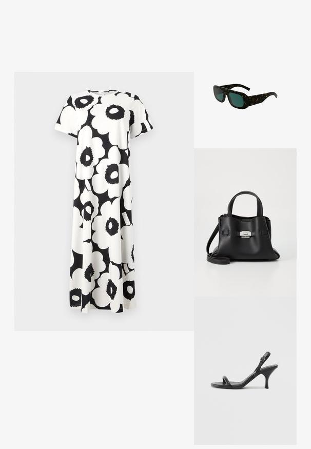 Svart-hvitt blomstermønster kjole med korte ermer, rund hals og flytende design. Laget av lett materiale.; Sorte skinnhøye hæler med en slank, buet hæl og et kryssrem-design. Justerbar ankelrem. Glatt tekstur.; Skilpaddebriller med mørkegrønne glass, brede rektangulære rammer og buede stenger, med en glatt plastfinish.; Svart skinnveske med teksturert overflate, som har to håndtak på toppen, en avtagbar skulderrem og detaljer med sølvspenne.