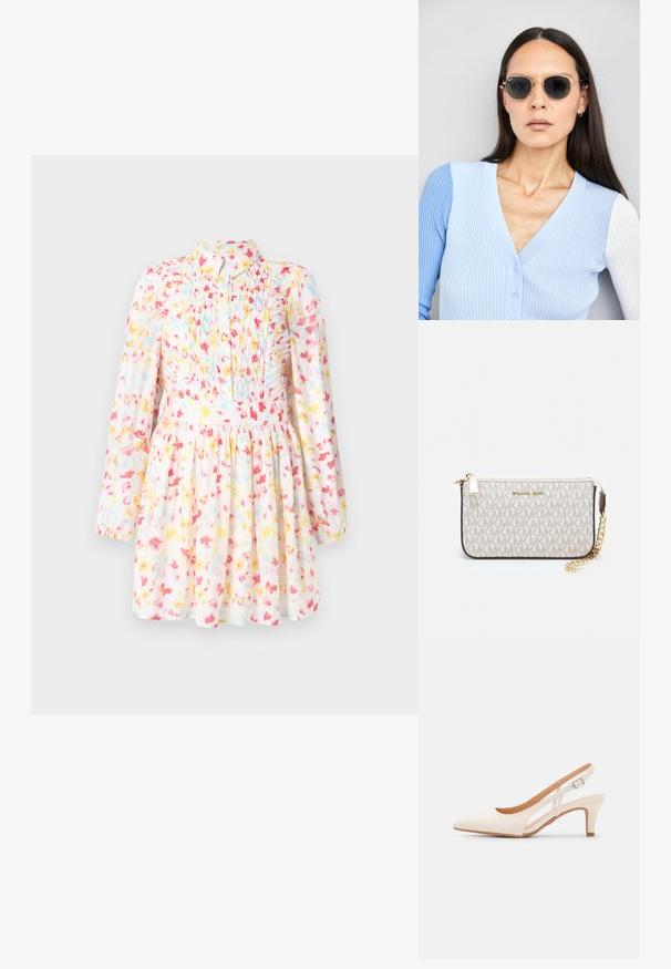 Φλοράλ φόρεμα με μακριά μανίκια από ελαφρύ ύφασμα, σε χρώματα όπως ροζ, κίτρινο και μπλε. Η μαζεμένη μέση και οι πτυχές προσθέτουν στην εμφάνιση του.; Λευκή γόβα slingback με μυτερή μύτη, λείο υλικό επάνω, χαμηλό τετράγωνο τακούνι και σχέδιο με κοπή στο πλάι με ρυθμιζόμενο λουρί κουμπώματος.; Στρογγυλά γυαλιά ηλίου με σκούρους φακούς και χρυσά σκελετό. Το μοντέλο φοράει ένα ανοιχτό μπλε, ριχτό cardigan με κουμπιά και αντίθετους λευκούς μανίκες.; Πορτοφόλι Michael Kors σε μπεζ επεξεργασμένο καμβά με επαναλαμβανόμενο μοτίβο λογοτύπου MK, χρυσές λεπτομέρειες και αποσπώμενη αλυσίδα.