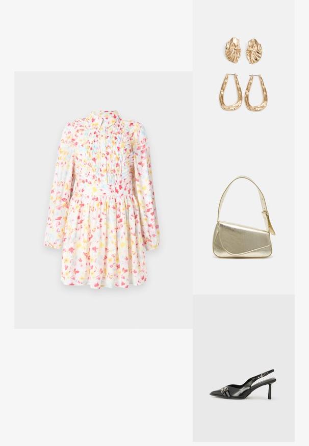 Vestido floral de mangas longas em tecido leve, apresentando cores como rosa, amarelo e azul. O corpete franzido e os detalhes plissados realçam o seu design.; Sapato slingback preto em pele patentada com bico apontado, tiras no tornozelo apresentando fivelas e acessórios prateados, e um salto elegante.; Bolsa de mão metálica dourada com um design estruturado, textura suave e alça ajustável. Apresenta uma forma triangular única e costura minimalista.; Brincos em tom de ouro com formas onduladas e texturizadas. Inclui studs escultóricos com presilha e um design de argola aberta com um acabamento martelado.