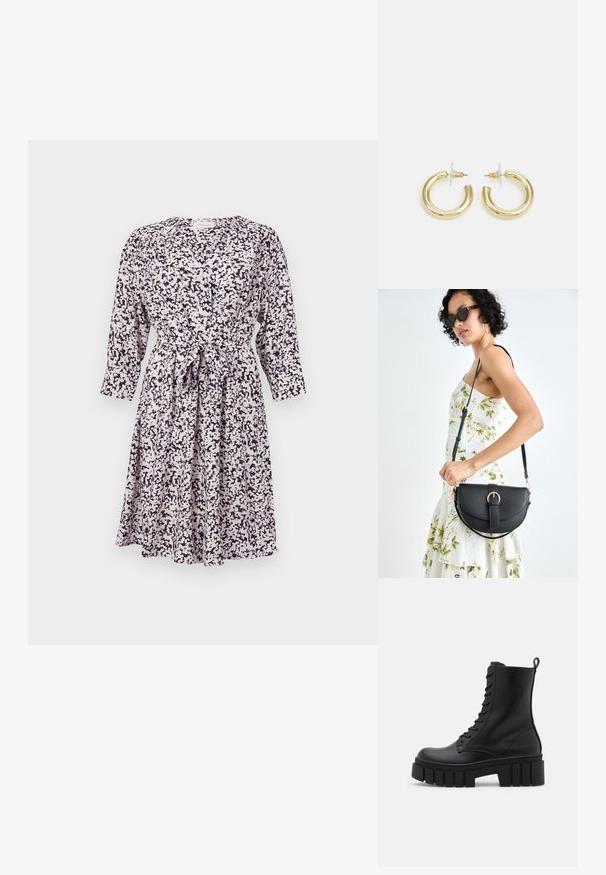 Gėlių raštuotas suknelė šviesių spalvų su tamsiai mėlynomis detalėmis, ilgomis rankovėmis, mygtukais užsegama priekyje ir susijuosimu juosmens srityje. Minkšta, lengva medžiaga.; Juodos odinės kulkšnės botai su masyviu, dantytu padu, raištelių užsegimu priekyje ir kilpeliu ant sklandaus balto fono.; Juodas odinis krepšys su išlenkta forma, nuimamu dirželiu ir auksiniais detalėmis. Krepšys turi kilpą su sagtimi.; Aukso auskarai su lygiu, blizgiu paviršiumi. Apvalus dizainas su maža užrakto dalimi ir skaidria atrama saugiam nešiojimui.