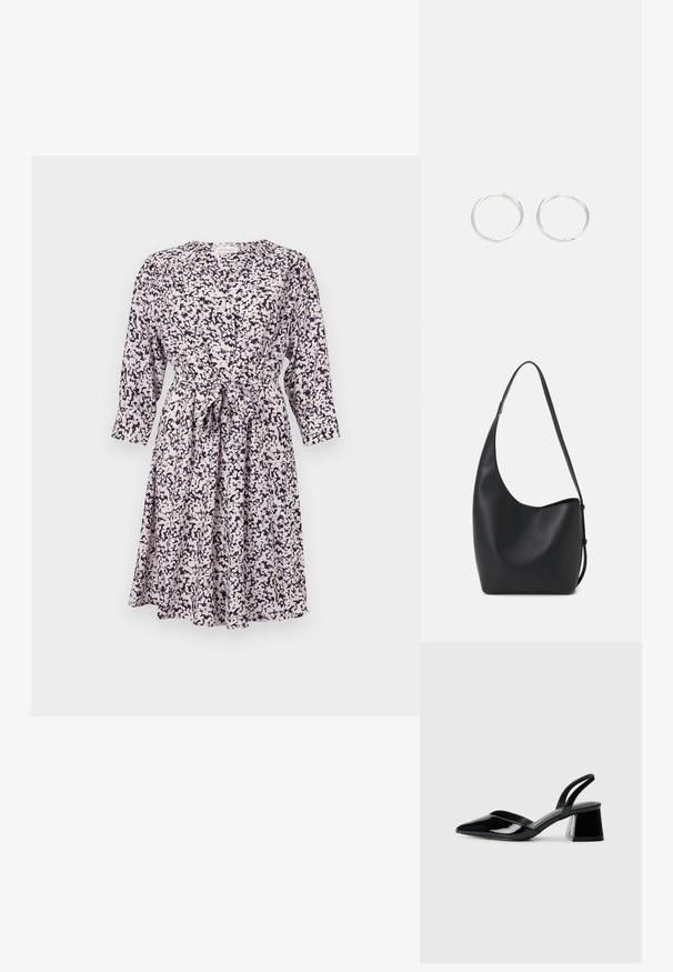 Világos színű, virágmintás ruha tengerészkék részletekkel, hosszú ujjakkal, gombos elejével és megkötött derékrésszel. Puha, könnyű anyag.; Fekete lakk bőr szandálkés magas sarkú cipő, hegyes orral és geometrikus tömbsarkakkal. Karcsú, minimalista dizájn és sima textúra jellemzi.; Fekete bőr hobo táska sima textúrával, ívelt formával és egyetlen állítható pánttal; széles nyílás található a tetején.; Ezüst karika fülbevalók, letisztult, kerek formával, sima felülettel és látható díszítés nélkül. A átmérő nem megadott.