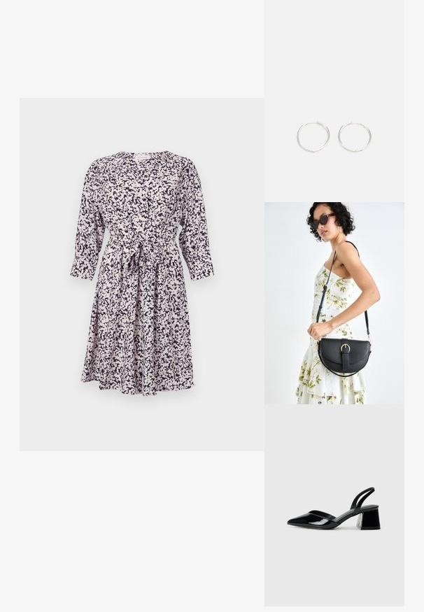 Rochie cu imprimeu floral în culori deschise, cu accente bleumarin, mâneci lungi, închidere cu nasturi și detaliu la talie cu fundă. Material moale și ușor.; Pantofi cu toc slingback din piele lacuită neagră, cu vârf ascuțit și toc geometric. Prezintă un design elegant, minimalist și o textură netedă.; Geantă din piele neagră, cu o formă curbată, curea detașabilă și accesorii aurii. Geanta are un capac cu un detaliu tip cataramă.; Cercei din argint cu un design elegant și rotund, având o suprafață netedă și fără embellismente vizibile. Diametrul nu este specificat.