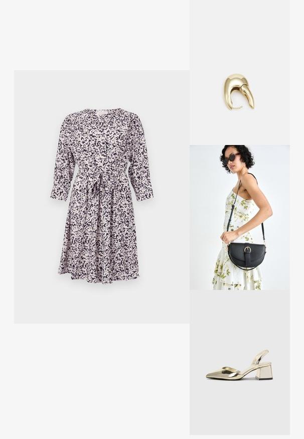 Gėlių raštuotas suknelė šviesių spalvų su tamsiai mėlynomis detalėmis, ilgomis rankovėmis, mygtukais užsegama priekyje ir susijuosimu juosmens srityje. Minkšta, lengva medžiaga.; Auksiniai, metaliniai slingback aukštakulniai bateliai su smailiu pirštu ir masyviu kulnu. Lygus paviršius, minimalizmo dizainas ir siaura juostelė.; Juodas odinis krepšys su išlenkta forma, nuimamu dirželiu ir auksiniais detalėmis. Krepšys turi kilpą su sagtimi.; Aukso tono metalinės auskarai su stilingu, kreiviu dizainu. Išsiskiria ryškiu smailiu pavidalu, poliruota paviršiumi ir užsegimu su vyriu.