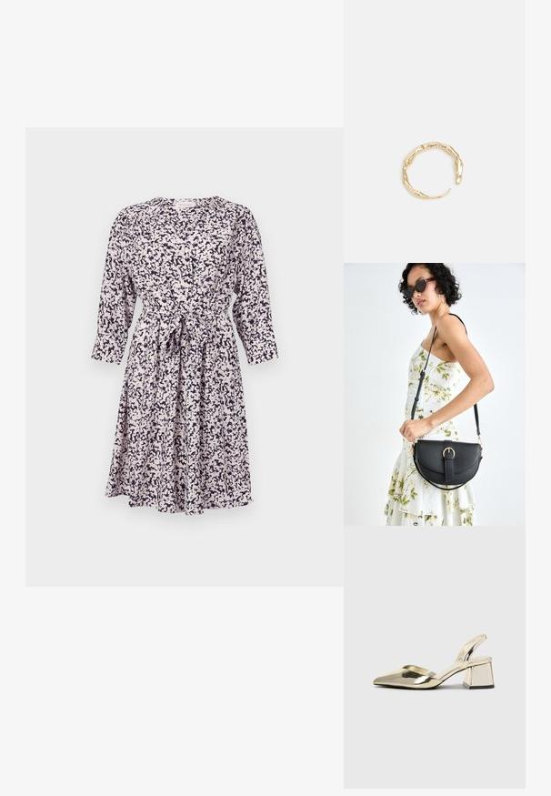 Gėlių raštuotas suknelė šviesių spalvų su tamsiai mėlynomis detalėmis, ilgomis rankovėmis, mygtukais užsegama priekyje ir susijuosimu juosmens srityje. Minkšta, lengva medžiaga.; Auksiniai, metaliniai slingback aukštakulniai bateliai su smailiu pirštu ir masyviu kulnu. Lygus paviršius, minimalizmo dizainas ir siaura juostelė.; Juodas odinis krepšys su išlenkta forma, nuimamu dirželiu ir auksiniais detalėmis. Krepšys turi kilpą su sagtimi.; Auksinės spalvos žiedas, turintis organišką, sukimosi dizainą su lygiu paviršiumi ir siaurėjančiais galais, sukuriantis modernią skulptūrinę išvaizdą.