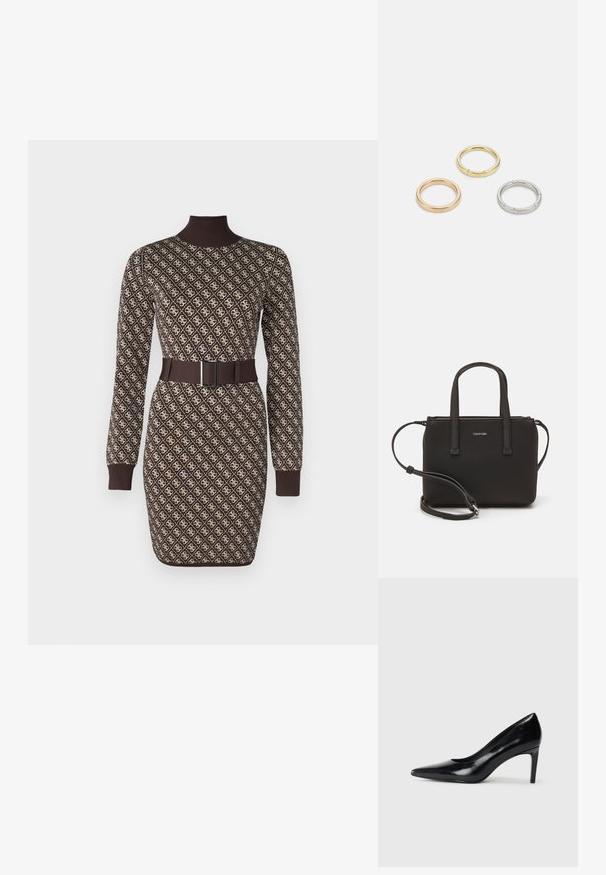 Brūns adītā kleita ar atkārtotu krēmkrāsas rakstu, garām piedurknēm, augstu apkakli un atbilstošu jostu ar taisnstūrveida sprādzi viduklī.; Melnas ādas augstpapēžu kurpes ar norādītu purngali, gludu tekstūru un šauru papēdi. Minimālistisks dizains, bez papildu rotājumiem.; Melns roku soma ar divām īsām rokturiem un noņemamu plecu siksnu. Gluda ādas līdzīga materiāla ar rāvējslēdzēja aizdari un logos detaļu.; Trīs metāla gredzeni: viens rozā zeltā, viens zeltā ar teksturētiem akcentiem un viens sudraba, visiem ar iegravētām zīmola atzīmēm iekšējā joslā.