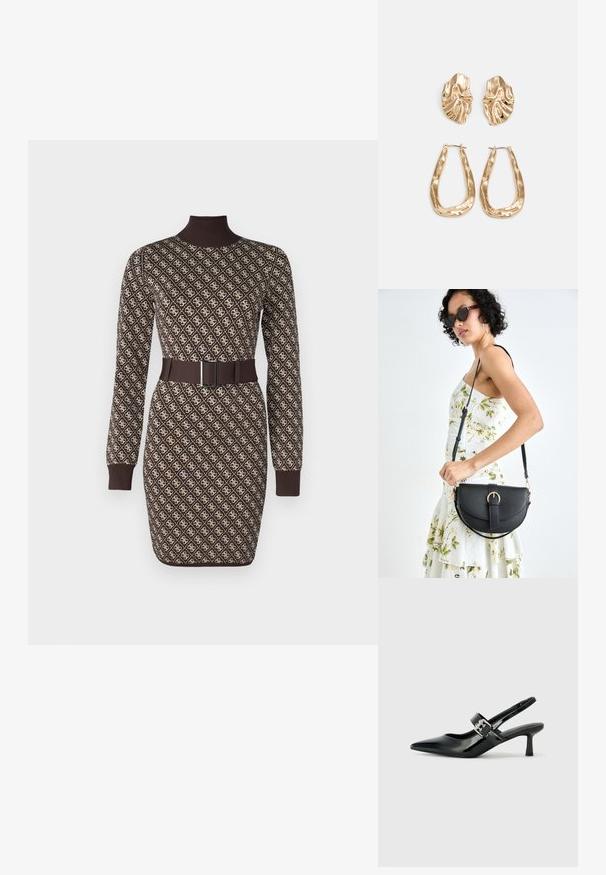 Ruda megzta suknelė su kartojančiu kreminiu raštu, ilgomis rankovėmis, aukštu kaklu ir atitinkamu diržu su stačiakampiu sagtimi liemens srityje.; Juodai lakuoti slingback aukštakulniai su smailiu kojų pirštu ir mažais blokiniais kulniukais, su sidabro sagtimi ant dirželio.; Juodas odinis krepšys su išlenkta forma, nuimamu dirželiu ir auksiniais detalėmis. Krepšys turi kilpą su sagtimi.; Auksinės auskarai, turintys tekstūruotus, bangų formos elementus. Įeina skulptūriniai segami auskarai ir atviri lankai su išmuštu paviršiumi.