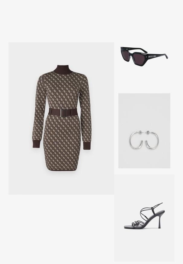 Strickkleid in Braun mit einem sich wiederholenden Crememuster, langen Ärmeln, einem hohen Kragen und einem passenden Gürtel mit rechteckiger Schnalle in der Taille.; Schwarze, hochhackige Sandalen mit dünnen Riemen und einem geknoteten Design, einer glatten, rechteckigen Zehenpartie und einem eleganten Stiletto-Absatz.; Schwarze Sonnenbrille im Cat-Eye-Design mit dunklen Gläsern, glänzender Oberfläche und subtilen Logoakzenten an den Bügeln.; Silberne Creolen mit einer glatten, glänzenden Oberfläche. Abgerundete Form, leichtes Design, mit einer Steckverschluss.