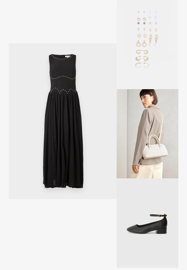 Rochie maxi neagră cu un corset ajustat, decolteu rotund și fustă plisată, având studs argintii într-un model ondulat pe talie.; Pantof cu toc negru din piele, cu vârf ascuțit și toc mic pătrat. Dispune de o curea la gleznă cu o cataramă în tonuri de aur. Textură netedă.; Geantă structurată albă, cu mânere scurte și curea de umăr, având accente din metal aurit și material texturat, expusă pe un fundal gri.; Set de cercei aurii, cu diverse designuri, inclusiv cercei tip stud, cercei hoop și cercei lungi cu perle și strassuri.