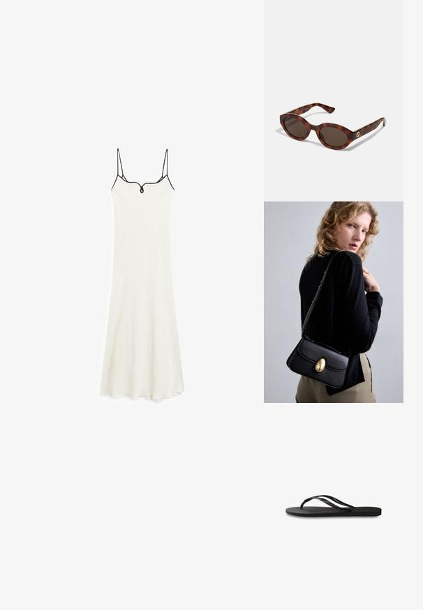 Weißes Midi-Kleid mit dünnen Trägern, V-Ausschnitt und figurbetontem Oberteil. Verfügt über schwarzen Besatz entlang des Ausschnitts und des Saums, hergestellt aus weichem Stoff.; Schwarze Flip-Flops mit einer strukturierten Gummisohle, zwei schlanken Riemen und einem dezenten, geprägten Logo-Detail auf dem Riemen.; Schildpatt-Sonnenbrillen mit runden Rahmen, dunklen Gläsern und goldfarbener Logodetailierung an den Schläfen. Glattes Kunststoffmaterial, keine sichtbaren Muster.; Schwarze Lederhandtasche mit geschwungener Form, ausgestattet mit einem auffälligen goldenen ovalen Verschluss, einem verstellbaren Trageriemen und minimalistischem Design.