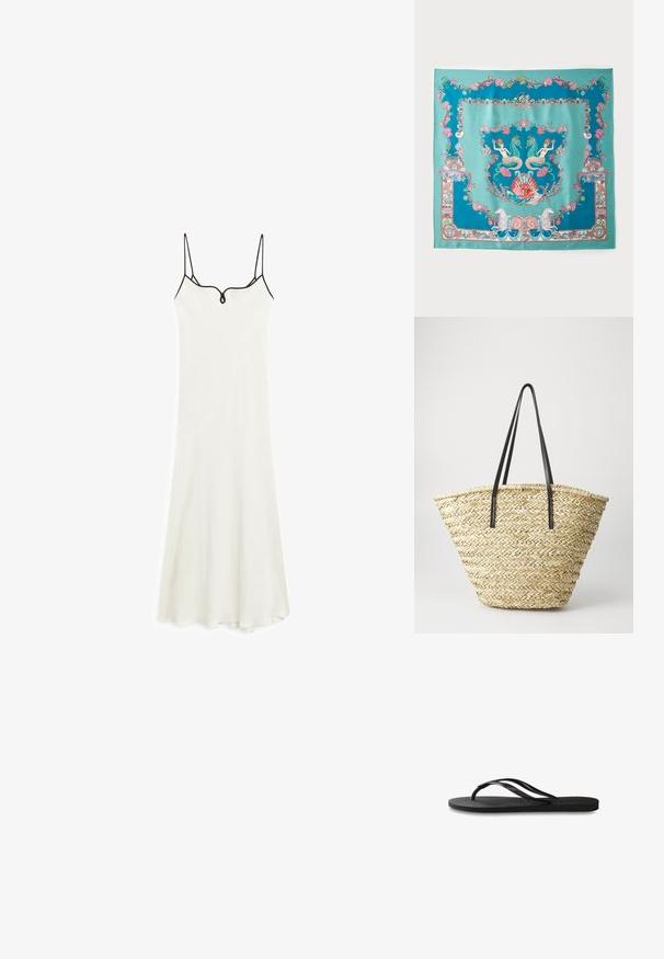 Weißes Midi-Kleid mit dünnen Trägern, V-Ausschnitt und figurbetontem Oberteil. Verfügt über schwarzen Besatz entlang des Ausschnitts und des Saums, hergestellt aus weichem Stoff.; Schwarze Flip-Flops mit einer strukturierten Gummisohle, zwei schlanken Riemen und einem dezenten, geprägten Logo-Detail auf dem Riemen.; Türkisfarbener Seidenschal mit komplizierten maritimen Motiven, darunter Meerjungfrauen, Muscheln und Korallen, eingerahmt von einem dekorativen Rand.; Geflochtene Strohtasche in breiter, sich verjüngender Form mit zwei schwarzen Ledergriffen. Natürliche beige Farbe mit strukturierter Oberfläche.