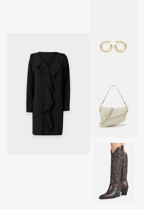 Juoda suknelė su V formos iškirpte ir puošta raukšlėmis priekyje. Ilgos rankovės ir laisvas siluetas pabrėžia atsitiktinę eleganciją. Minkšta tekstūra.; Rudos odinės kaubojaus batai su smailiu priekiu ir blokuotu kulnu, pasižymintys detaliu siuvinėjimu ir iškiliais akcentais ant ašies.; Mažas kreminis rankinukas su tekstūruotu paviršiumi, ilga reguliuojama juostele, grandinėle ir užsegimu su atvartu. Aukso detalės.; Aukso auskarai su lygiu, blizgiu paviršiumi. Apvalus dizainas su maža užrakto dalimi ir skaidria atrama saugiam nešiojimui.