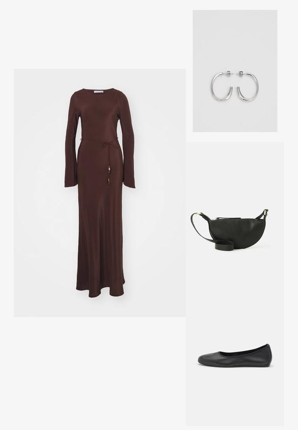 Faithfull the brand BELLINI DRESS - Robe longue - cioccolato; Ballerines en cuir noir avec un bout rond, texture lisse, détails de couture minimalistes et design de semelle flexible.; Sac bandoulière en cuir noir de forme demi-lune, surface texturée, fermeture éclair dorée et bandoulière plate. Design compact adapté pour les essentiels.; Boucles d'oreilles en argent avec une finition lisse et brillante. Forme arrondie, conception légère, avec un fermoir à tige.