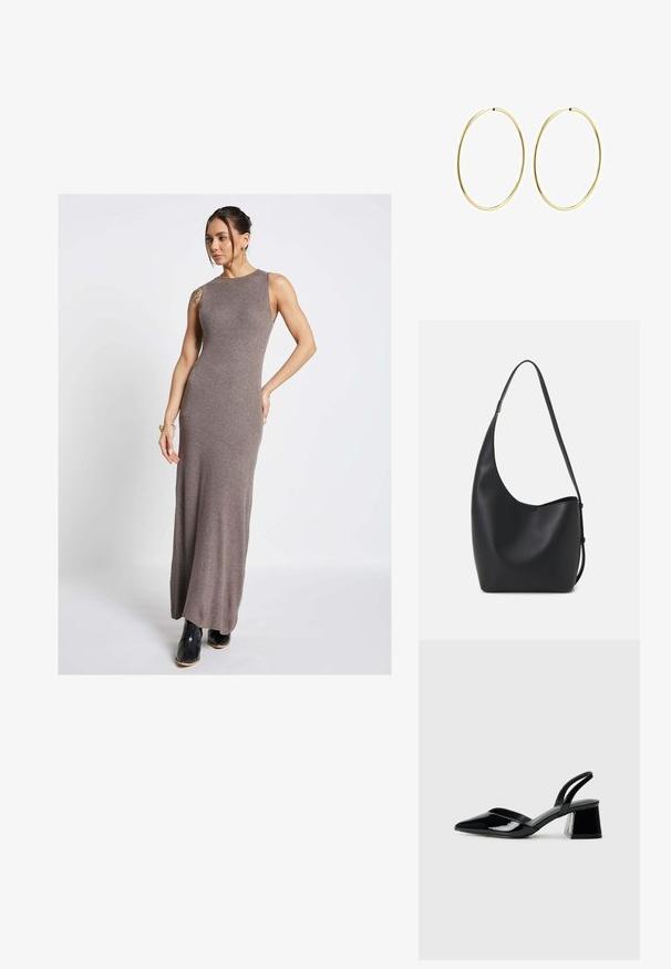 Maxikleid aus weichem, geripptem Stoff in erdigem Taupe. Hat einen hohen Halsausschnitt und eine figurbetonte Silhouette, kombiniert mit schwarzen Stiefeletten.; Schwarze Lackleder-Slingback-High Heels mit spitzem Schuh und einem geometrischen Blockabsatz. Verfügt über ein schlankes, minimalistisches Design und eine glatte Textur.; Schwarze Leder-Hobo-Tasche mit einer glatten Textur, geschwungener Form und einem einzelnen verstellbaren Tragegurt; verfügt über eine weite Öffnung am oberen Ende.; Goldene Creolen mit einem glatten, runden Design. Dünn und leicht, mit einem durchgehenden Ring ohne Verzierung.