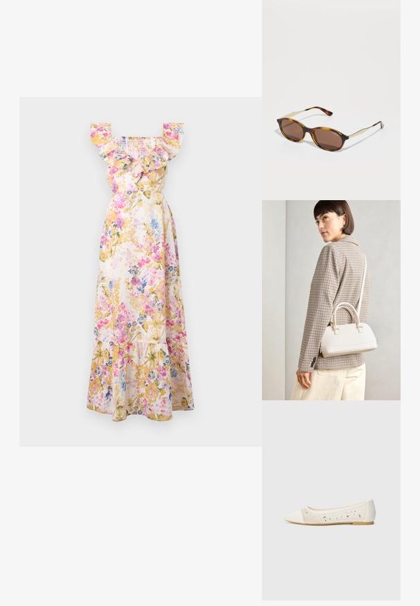 Blommig maxiklänning med vågiga ärmar, med en smockad kropp, i pastellfärger av rosa, blått och gult. Tillverkad av lättviktsmaterial.; Spetsig tå ballerina i krämfärgad läder med genomskinligt ovandel som pryds av spridda rhinestones. Mjuk sula för komfort, minimalistisk design.; Sköldpaddsmönstrade solglasögon med rundade, mörkbruna linser. Har guldackenter på bågarna och en blank yta. Varumärket syns på ramen.; Vitt strukturerat handväska med korta handtag och en axelrem, med gyllene detaljer och texturerat material, visad mot en grå bakgrund.