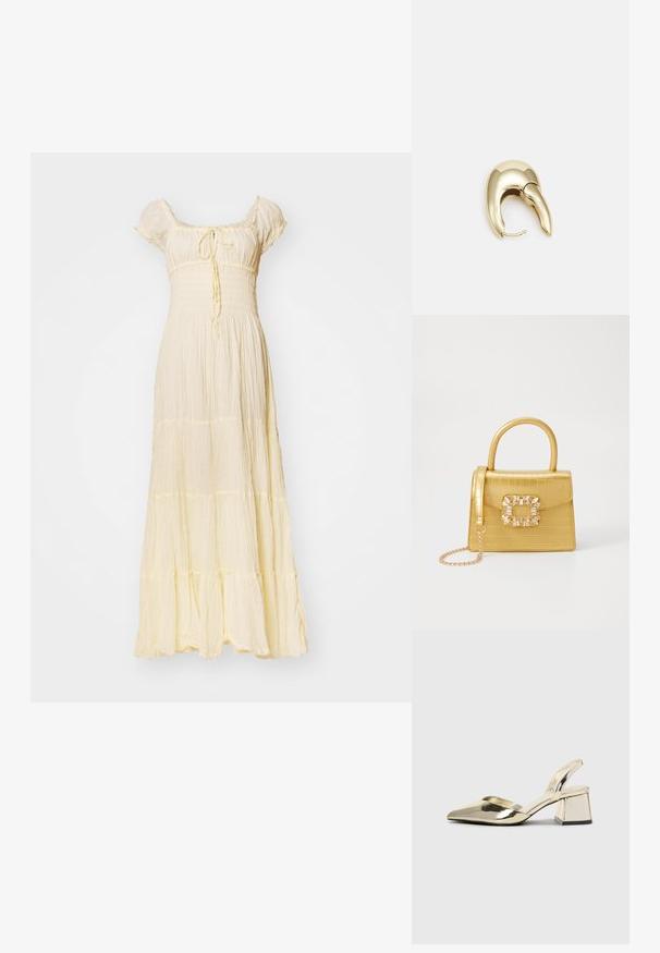 Maxikjole i lys gul, laget av rynket stoff. Har korte pufferm, smocket midje, knytefront og lagdelt kant.; Gull, metallisk slingback-hæler med spiss tå og chunky hæl. Glatt tekstur, minimalistisk design og en smal stropp.; Gul faux-krokodille veske med en strukturert design, toppen håndtak, avtagbar kjede stropp, og dekorativ krystallbortsettelse på låsen.; Gullfarget metalløredobber med et elegant, buet design. Har en karakteristisk spiss form, polert overflate og hengsel-lukking.