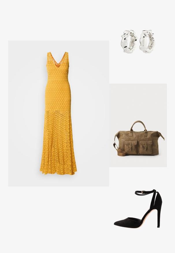 Žluté krajkové dlouhé šaty s výstřihem do V, zdobené květinovým vzorem a texturovanou tkaninou. Obepnutá korzetová část přechází do rozšířeného spodního dílu.; Černé semišové lodičky na vysokém podpatku s špičatou špičkou, kotníkovým páskem a jehlovým podpatkem. Design se vyznačuje hladkou texturou s minimem detailů.; Hnědá kožená cestovní taška s dvěma předními kapsami, nastavitelným ramenním popruhem, zlatými kovovými prvky a pevnými horními uchy. Hladký povrch.; Stříbrné kruhové náušnice s texturovaným, nepravidelným designem. Povrch je lesklý a ukazuje křivky a kontury. Vnitřní prostor je dutý.
