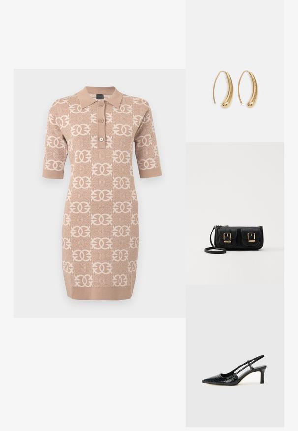 Beiges Strickkleid mit Kragen, kurzen Ärmeln und einem sich wiederholenden Logo-Muster in einer helleren Nuance. Verfügt über drei Vorderknöpfe.; Schwarze Lack-Slingback-Pumps mit spitzem Zehenbereich, versehen mit strukturiertem Schlangenprint, verstellbarem Riemen und einem kurzen, strukturierten Blockabsatz.; Schwarze Leder-Umhängetasche mit zwei vorderen Taschen, goldenen Schnallen, Reißverschluss und einem schmalen Tragegurt. Texturierte Oberfläche und kompakte rechteckige Form.; Goldfarbene Metall-Hoops mit einer geschwungenen, länglichen Form. Sie verfügen über eine glatte, glänzende Oberfläche und eine abgerundete Spitze für zusätzliche Details.