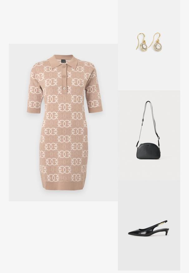 Abito in maglia beige con colletto, maniche corte e motivo a logo ripetuto in una tonalità più chiara. Presenta tre bottoni frontali.; Tacchi slingback in pelle nera con punta affusolata, caratterizzati da un tacco alto e un accento dorato sulla cinghia regolabile. Texture liscia.; Borsa a tracolla in pelle nera di forma arrotondata, con due cinturini regolabili e un logo sottile sulla parte anteriore. Esterno testurizzato, design minimalista.; Orecchini color oro con cristalli trasparenti di forma ovale circondati da pietre più piccole e trasparenti, dotati di un design a gancio per una vestibilità sicura.