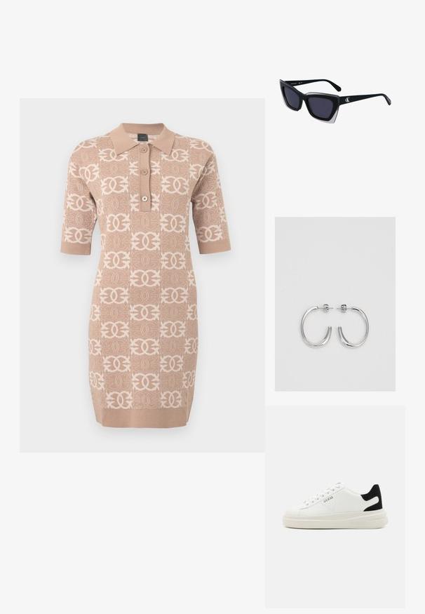 Béžna pletena obleka s ovratnikom, kratkimi rokavi in ponavljajočim se logotipom v svetlejši senci. Ima tri gumbe spredaj.; Bele usnjene športne copate z debelim belim podplatom, črnimi semišnimi detajli na peti in utisnjenim logotipom na strani. Zavezovanje s šestimi luknjicami.; Črne prevelike sončne očala geometrijske oblike, z temnimi lečami in kontrastno sivo podrobnostjo na okvirju. Logo na ročaju.; Srebrne obročaste uhane z gladko, sijočo površino. Zaobljena oblika, lahka zasnova, z zapiranjem na zatič.