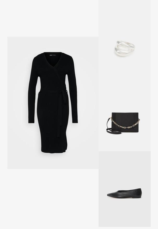 Mustmustriibuline kleit V-kaelusega, pikkade varrukatega, mähise kujundusega ja sidumisvööga. Sellel on külgauk, mis lisab detaili.; Musthave mustris balletkingad, terav nina, minimaliseeritud disain, sile pind, madal konts, ilma nähtava riistvara või kaunistusteta.; Mustast nahast õlakott, mis omab siledat tekstuuri, ristküliku kuju ning esiküljel metallketi detaili. Reguleeritav rihm on kaasas.; Hõbedane kahekordne rõngas sujuva, poleeritud pinnaga. Omab voolavat, kõverat disaini, millel on kattuvad sektsioonid, et saavutada kaasaegne ilme.