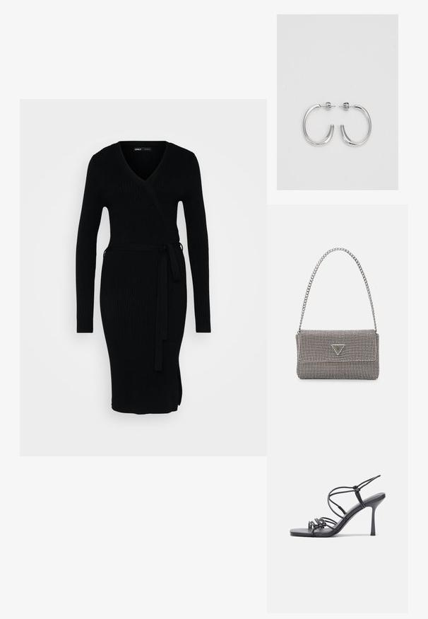 Juoda banguota suknelė su V formos iškirpte, ilgomis Rankovėmis, apvyniojimo dizainu ir surišta juosimi. Ji turi šoninį plyšį, kad suteiktų papildomą detalę.; Juodos aukštakulnės sandalai pasižymi plonyčiais dirželiais su mazgo dizainu, lygiu kvadratiniu pirštu ir elegantišku stiletto kulnu.; Šviesiai pilka metalinė rankinė su grandinėlės dirželiu, papuošta mažais apvaliais metaliniais smeigėmis ir trikampiu prekės ženklu.; Sidabrinės auskarai žiedai su lygiu, blizgiu paviršiumi. Suapvalinta forma, lengvas dizainas, su uždarymu ant smeigtuko.