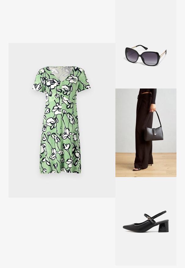 Žalia suknelė trumpomis rankovėmis su baltu gėlių raštu, turinti v-kaklą ir mygtukų užsegimą. Pagaminta iš lengvo, kvėpuojančio audinio.; Juodi patentinio odos slingback aukštakulniai su smailiu pirštu, apvaliu išpjovimu ir blokiniu kulnu. Papuošti auksiniu juostos akcentu.; Juodos didelės saulės akinių su pereinamais objektyvais, storomis rėmeliais ir auksinės spalvos grandinėmis ant šventyklų.; Juodas rankinė struktūrizuota forma, lygi tekstūra ir metalinis užsegimas. Suporuota su plačiomis juodomis kelnėmis ir atvirais bateliais ant medinių grindų.