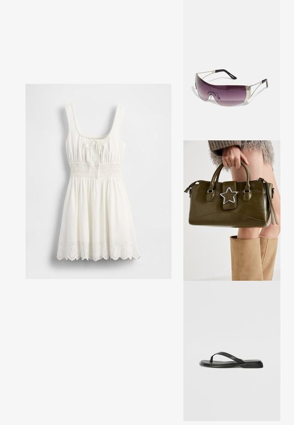 Vestido branco sem mangas com decote quadrado, cintura franzida, detalhe de laço no peito e padrão de bainha de renda arredondada.; Chinelo preto feito de couro liso, com um design de tira fina e sola baixa com um perfil minimalista. Sem padrões ou acentos notáveis.; Óculos de sol com uma lente grande e curva roxa, detalhes em metal prateado, e hastes pretas com um logo. Detalhes texturizados na armação são visíveis.; Bolsa de mão em pele sintética verde oliva com detalhe de estrela prateada, alças duplas e fecho com zip. Superfície texturizada e forma estruturada.