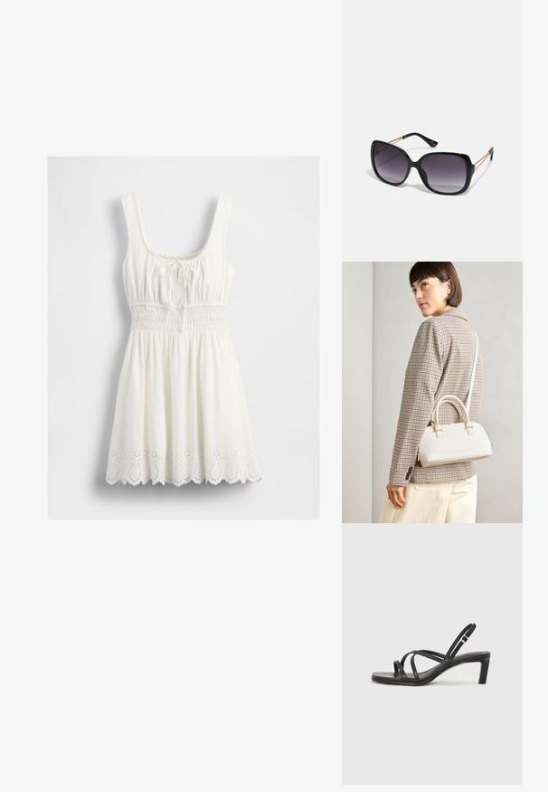 Rochie albă fără mâneci, cu decolteu pătrat, talie strânsă, detaliu cu panglică la bust și margine cu model de dantelă cu urechi.; Sandal cu barete negre, cu vârf pătrat și toc mic de bloc. Prezintă mai multe barete subțiri și o bareta ajustabilă la gleznă. Fabricat din piele netedă.; Ochelari de soare negri, supradimensionați, cu lentile degradate, rame groase și detalii cu lanț de ton auriu pe brațele templului.; Geantă structurată albă, cu mânere scurte și curea de umăr, având accente din metal aurit și material texturat, expusă pe un fundal gri.