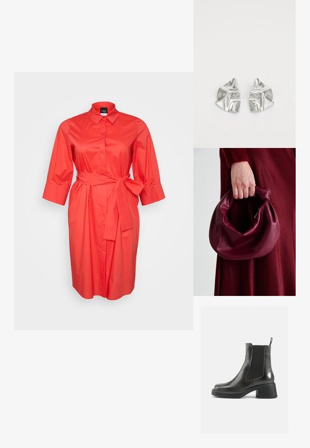 Korallfärgad skjortklänning i en mjuk bomullsblandning, med krage, trekvartslånga ärmar och en åtsittande midja med ett matchande bälte.; Svarta läderankelboots med en slät yta, elastiska sidopaneler och en kraftig klack. Har en dragflik för enklare påtagning.; Burgundy läderhandväska med en mjuk, samlad design och rundad form. Handtaget är säkrat och visar en slät yta.; Silverfärgade metallörhängen med en vågig, skulptural design som har en polerad yta och oregelbundna former, vilket framhäver en samtida estetik.