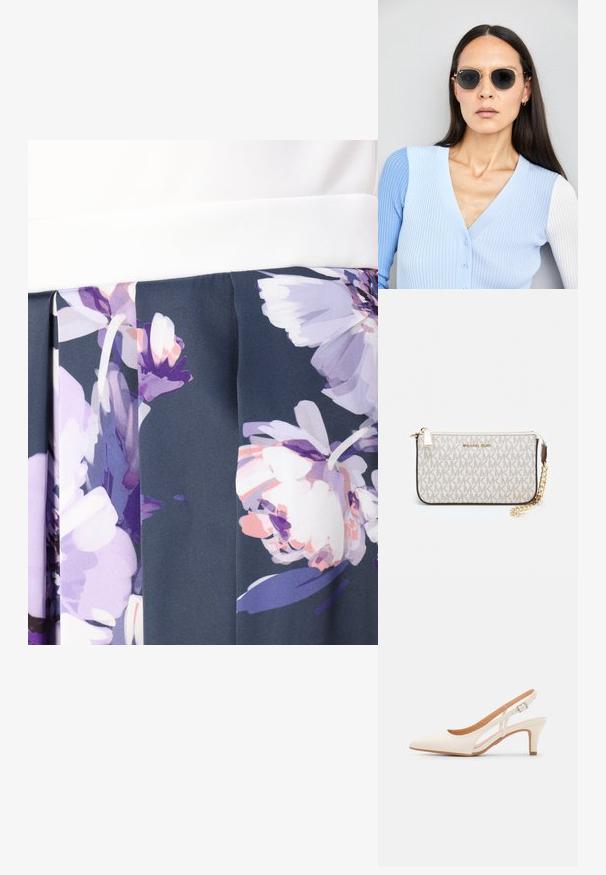 Virágmintás szoknya, fehér, merev derékkal. Az anyag sötét háttéren több színben pompázó virágmintákkal rendelkezik, pliszírozott dizájn elemekkel.; Fehér slingback sarok, hegyes orral, sima felső anyaggal, alacsony blokk sarkával és oldalsó kivágott dizájnnal, állítható csatpánttal.; Kerek napszemüveg sötét lencsékkel és arany kerettel. A modellen világoskék, bordázott kardigán van gombokkal és kontrasztos fehér ujjaival.; Michael Kors bézs bevonatos vászon karkötő, amely ismétlődő MK logó mintával, aranyszínű fémrészletekkel és levehető lánchordóval rendelkezik.