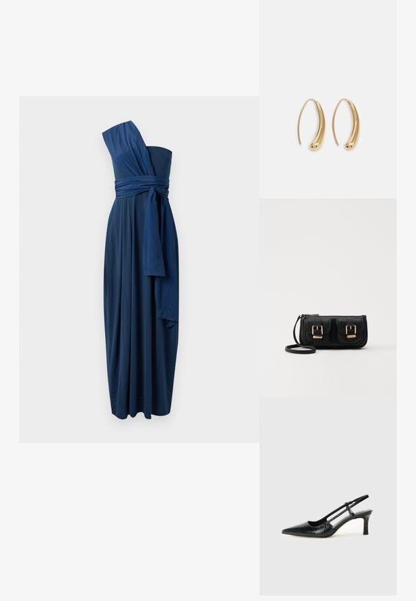 Mornarsko plava, bez rukava, haljina do poda s jednim ramenom, s vezanom trakom u struku i laganom tkaninom. Glatka tekstura, elegantno drapiranje.; Crne lakirane slingback pete s oštrim vrhom, s teksturiranim uzorkom zmijske kože, podesivom remenom i kratkom, teksturiranom blok-petom.; Crna kožna torba preko ramena s dva prednja džepa, zlatnim kopčama, zatvaranjem na zip i uskim remenom. Teksturirana površina i kompaktan pravokutan oblik.; Zlatne metalne naušnice u obliku obruča s zakrivljenim, izduženim oblikom. Imaju glatku, sjajnu površinu i zaobljeni vrh za dodatni detalj.