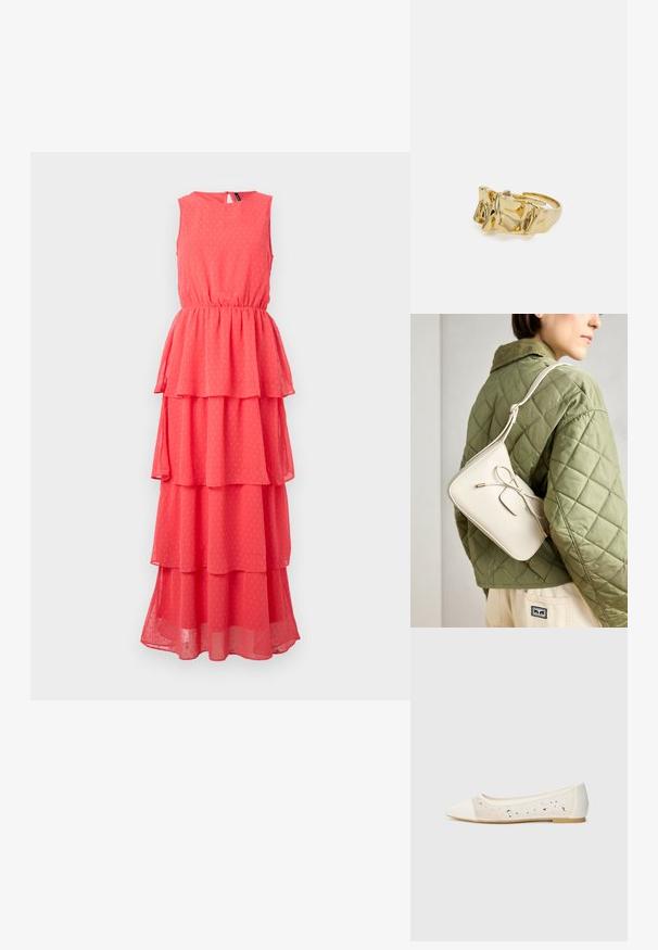 Korallinen ilman hihoja oleva mekko, jossa on kerrokselliset frillat, joustava vyötärö, pyöreä pääntie ja hienovarainen pilkkukuosi. Valmistettu kevyestä, läpikuultavasta kankaasta.; Pointe suora in pelle crema con tomaia trasparente decorata da strass sparsi. Suola morbida per comfort, design minimalista.; Beige nahka-olkalaukku, jossa on nauhakiinnitys, kultaiset yksityiskohdat ja yksi säädettävä hihna, joka on puettu vihreän tikatun takin päälle.; Kullanışlı bir ayarlanabilir yüzüğe sahip, üç belirgin zirveye sahip dokulu, dalgalı düzene sahip altın yüzük. Düzgün, parlak yüzey ve açık bant ile tasarlanmış.