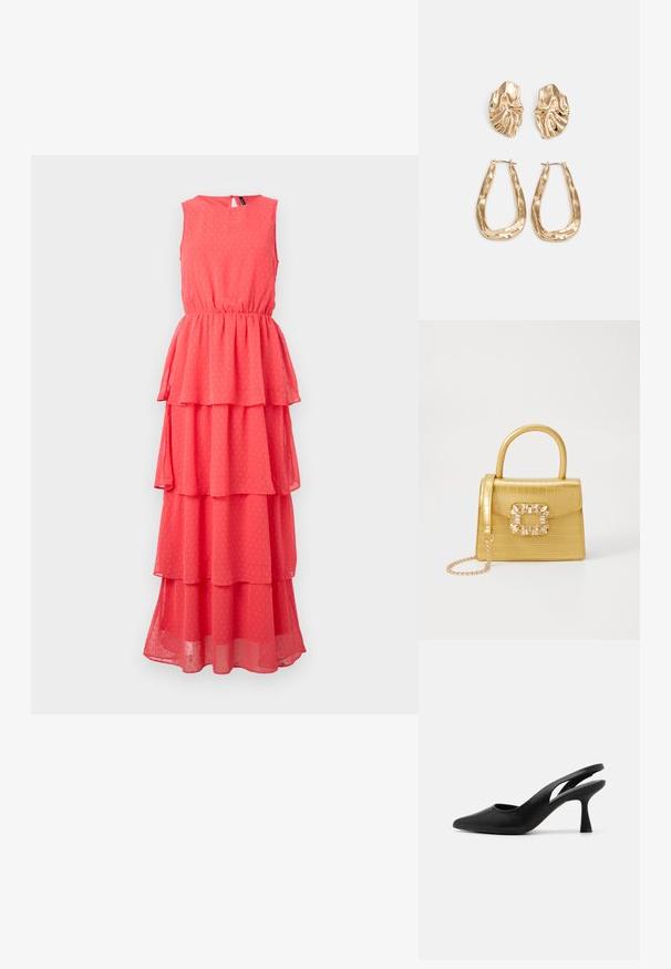 Korallikange pikk kleit ilma varrukateta, kihiliselt volangidega, elastse vöökoha, ümmarguse kaelusega ja peene täpikute mustriga. Valmistatud kergest, läbipaistvast kangast.; Mustad mustamatt slingback kingad terava varbaga, valmistatud siledast nahast. Omab lõikega disaini ja tugevat, kitsenevat kanna.; Kollane faux-krokodilli käsipindaga kott, millel on struktureeritud disain, ülemine käepide, eemaldatav kettmass ja dekoratiivne kristallkaunistus klambril.; Kuldse värvi kõrvarõngad, mis on kaunistatud tekstuursete ja laineliste kujunditega. Komplektis on skulpturaalsed klamber kõrvarõngad ja avatud rõngasdisain, millel on lõhestatud viimistlus.