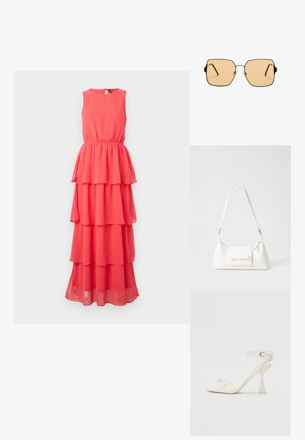 Koraalrood mouwloos jurkje met gelaagde ruches, elastische taille, ronde halslijn en subtiele stippenpatroon. Gemaakt van lichte, transparante stof.; Strappy hoge hak sandaal in wit leer met een slank ontwerp, een transparante blokhak en een decoratief element bij de teen.; Vierkante zonnebril met bruine lenzen en een dun zwart metalen frame. Beschikt over schuine pootjes en verstelbare neuspads voor comfort.; Witte synthetische handtas met een driehoekige vorm, platte voorklep en strikdetail, verstelbare schouderriem, gladde textuur en minimalistisch ontwerp.