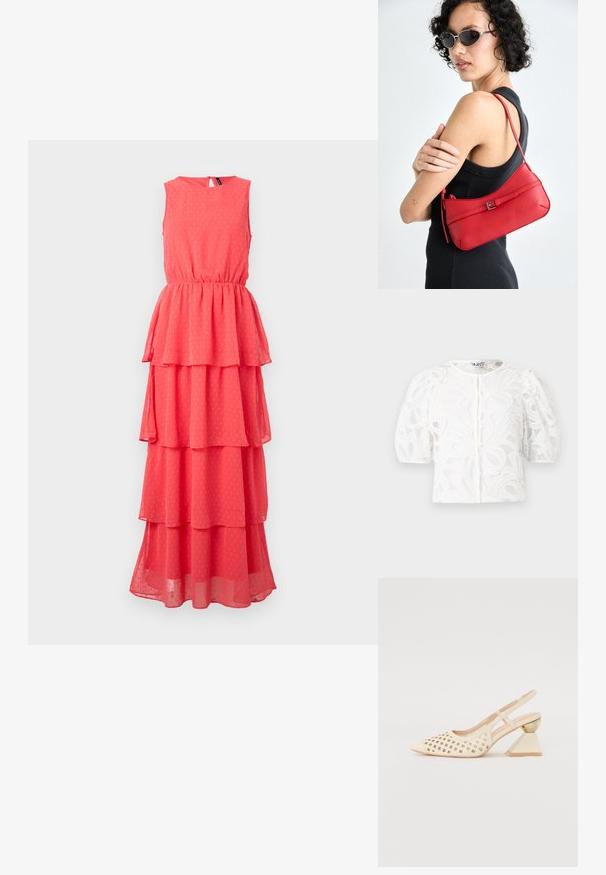 Coral sleeveless dress with layered ruffles, elastic waist, round neckline, and subtle dot pattern. Made from lightweight, sheer fabric.; White lace blouse with a round neckline, puffed short sleeves, and floral pattern. Features button closure and sheer fabric.; Beige slingback shoe with perforated upper, pointed toe, and a contrasting triangular heel featuring a gold accent. Smooth texture overall.; Red leather shoulder bag with a smooth texture, curved design, and a decorative buckle accent. Adjustable strap and zip closure.