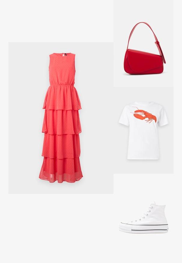 Vestido sem mangas em coral com camadas de franzidos, cintura elástica, decote redondo e padrão de pontos subtil. Feito de tecido leve e transparente.; Camiseta de algodão branca com um grande gráfico de lagosta vermelha brilhante na frente. Mangas curtas e design de gola redonda padrão.; Sapatilha alta de tela branca com sola de borracha preta, bico de borracha na frente e seis ilhós para os atacadores, apresentando um design limpo e minimalista.; Bolsa de mão em couro vermelho com um design angular e geométrico. Apresenta uma única alça ajustável e um fecho com aba, com detalhes cosidos.