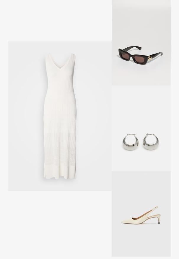 Bílá bezrukávová pletená šaty s V-výstřihem, ribbovanou texturou a délkou pod kolena s vzorovanou spodní částí.; Světlé kožené slingback boty s špičatou špičkou, nízkým podpatkem a výřezovým designem, hladkým povrchem a minimálními akcenty.; Černé želvovinové sluneční brýle s obdélníkovými skly, hnědým tónem, silným rámem a zlatým detailem dvojitého G loga na spánku.; Stříbrné kovové kroužkové náušnice s hladkým, lesklým povrchem a strukturovaným, zaobleným designem. Obsahují klapku s pántem pro bezpečné nošení.