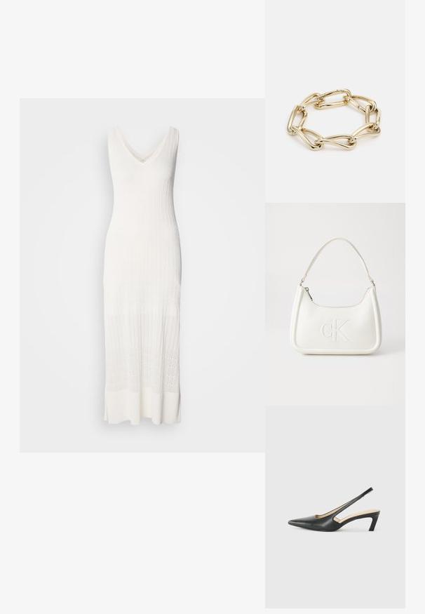 Balta berankovė mezginio suknelė su V formos iškirpte, raukšlėta tekstūra ir ilgiu žemiau kelių, derinys su raštuotu apatiniu skyriumi.; Juodas smailus slingback batelis su žemu kulnu, pagamintas iš lygaus odos paviršiaus ir su išpjovomis šone, užtikrinančiomis oro pralaidumą.; Balta odinė rankinė su išlenkta forma, su reljefiniu "CK" logotipu priekyje ir viena petneša. Užtrauktuko uždarymas viršuje.; Auksinės spalvos apyrankė su tarpusavyje susijungusiais pailgintais lankais, turinčiais lygią, blizgią tekstūrą. Kiekvienas lankas turi išskirtinę ovalo formą.