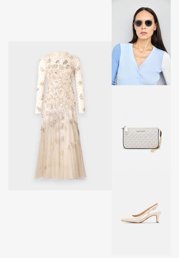 Needle & Thread PAPILLON nude; Biała szpilka slingback z ostrym noskiem, gładkim materiałem wierzchnim, niskim obcasem blokowym oraz wycięciami po bokach i regulowanym paskiem z klamrą.; Okrągłe okulary przeciwsłoneczne z ciemnymi soczewkami i złotymi ramkami. Modelka nosi jasnoniebieski kardigan w prążki z guzikami i białymi rękawami w kontrastowym kolorze.; Portfel na nadgarstek marki Michael Kors w beżowej, pokrytej płótnem, z powtarzającym się wzorem logo MK, złotym okuciem i odpinanym łańcuszkowym paskiem.