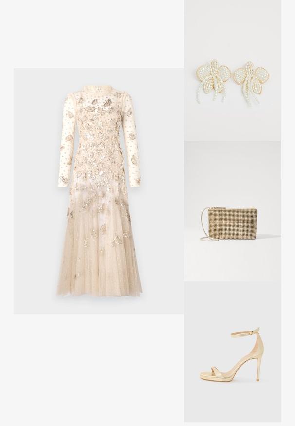 Needle & Thread PAPILLON ANKLE GOWN - Ballkleid - parchment; Goldfarbene metallische High-Heel-Sandale mit offener Zehenpartie, Knöchelriemen mit Schnalle und einer Plattformsohle für zusätzliche Höhe. Glatte Textur.; Loeffler Randall YASMINE FLAT CLUTCH - Umhängetasche - gold; Perlenblumenohrringe mit goldenen Akzenten. Jedes Blatt ist mit kleinen, runden Perlen in einem floralen Design angeordnet, ergänzt durch herabhängende Perlendetails.