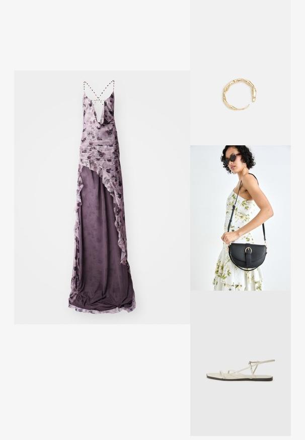 Lilla lillede maxi kleit sügava V-kaelusega ja ristnikega, millel on kihilised volangid ja pehme, voolav tekstuur.; Bežid lame sandaal, millel on mitu peenikest rihma ja reguleeritav pandla. Tallal on lame pind, mille ääres on kerge tumedam kontrast.; Mustmust mustraha kõverate joontega, eemaldatava rihmaga ja kuldsete detailidega. Kotil on klapp, millel on pandladetail.; Kuldtoonis sõrmus, millel on orgaaniline, keerdunud disain sileda tekstuuri ja kitsenevate otstega, luues kaasaegse skulptuurilise välimuse.