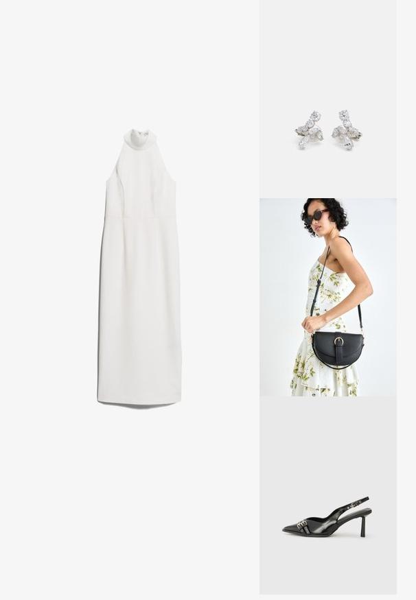 IVY OAK NOLAN - Cocktail dress / Party dress - schneeweiß; Black patent leather slingback shoe with pointed toe, ankle straps featuring silver buckles and hardware, and a slender heel.; Black leather handbag with a curved shape, detachable strap, and gold hardware. The bag features a flap with a buckle detail.; Silver-tone earrings featuring clear, sparkling stones in various shapes, including round and marquise, arranged in a floral design.