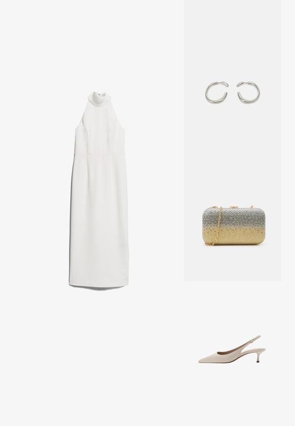 IVY OAK NOLAN biały; Beżowe szpilki slingback z zakończeniem w szpic i niskim, rozkloszowanym obcasem. Wykonane z gładkiej skóry, o minimalistycznym wzornictwie i regulowanym pasku.; Mascara - Kopertówka; Srebrne kolczyki w kształcie kół z gładkim, zaokrąglonym wzornictwem i błyszczące, polerowane wykończenie. Charakteryzują się minimalistycznym kształtem z delikatnym otwarciem.