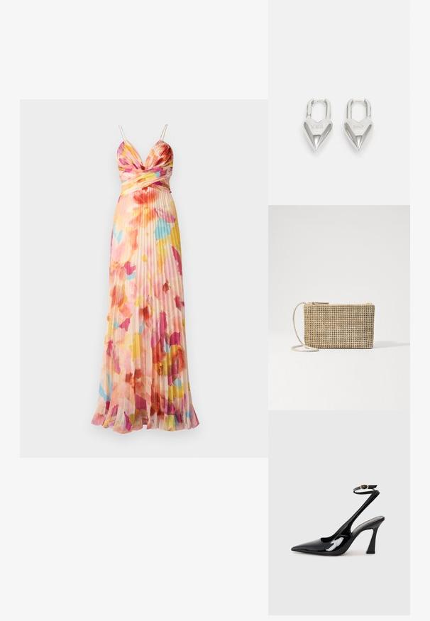 AMUR LISLE PLEATED GOWN - Cocktail dress / Party dress - multi-coloured; Black patent leather slingback high heels with a pointed toe, adjustable ankle strap, and a moderate block heel. Smooth texture with glossy finish.; Loeffler Randall YASMINE FLAT CLUTCH - Cross body bag - gold; Silver heart-shaped padlocks featuring engraved "YES" and "NO" texts, polished finish, symmetrical design, and a robust metal clasp.