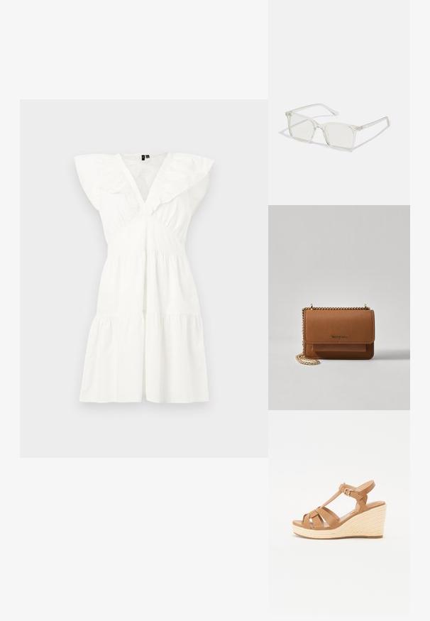 Balta medvilninė suknelė su raukšlėmis nusmukusiomis rankovėmis, V formos iškirpte, prigludusiu liemeniu ir sluoksniuotu sijonu. Suknelė turi raukšlėtus akcentus juosmens ir apatinėje dalyje.; Šviesiai rusvi platforminiai sandalai su kryžminiu dirželiu, reguliuojamu kulkšnies sagtim ir tekstūruotu pintiniu espadrilės tipo platformu.; Permat nuleidžiai skaidrūs kvadrato formos akinius su permatomais lęšiais, kurie turi auksines detales ant šventyklų.; Ruda tekstūruota odinė per petį nešama rankinė su auksiniu grandininiu dirželiu ir užlenkiamo užsegimo. Priekinėje pusėje yra logotipo detalė ir kišenė po užlenkimu.