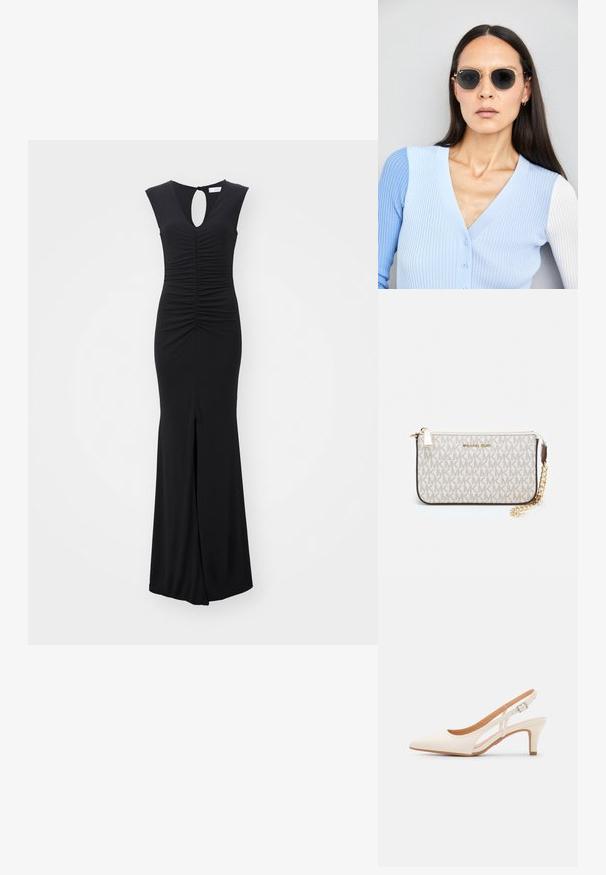Juoda suknelė su elegantišku, prigludusiu dizainu. Yra su raktų skylutės nugarėlė, raukšlėtu liemeniu ir skeltuku apatėje. Pagaminta iš glotnaus, elastingo audinio.; Balti slingback kulniukai su smailiu pirštu, lygia viršutine medžiaga, žemu blokuotu kulnu ir šoniniu išpjovimu su reguliuojamu sagtimi.; Apskriti saulės akiniai su tamsiais objektyvais ir auksiniais rėmeliais. Modelis vilki šviesiai mėlyną, raukinį kardiganą su mygtukais ir kontrastingomis baltomis rankovėmis.; Michael Kors rankinė smėlio spalvos dengto kanvoje su pakartotiniu MK logotipo raštu, auksinėmis detalėmis ir nuimamu grandininiu dirželiu.